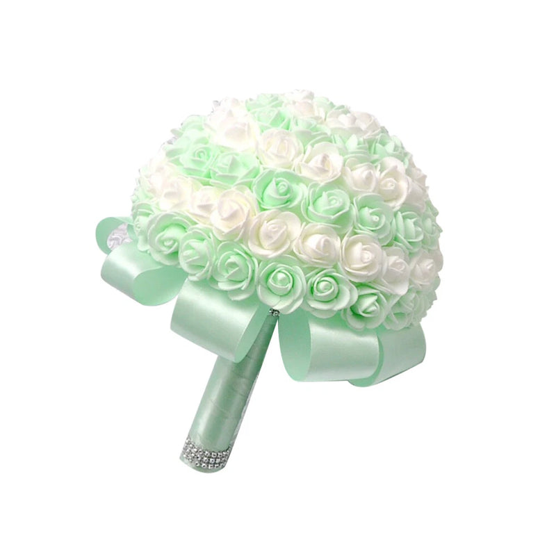 Mint and white rose wedding bouquet with satin ribbon wrap and rhinestone handle