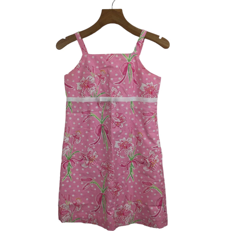 Girls pink floral cotton strappy dress with gathered bodice and bow-tie details