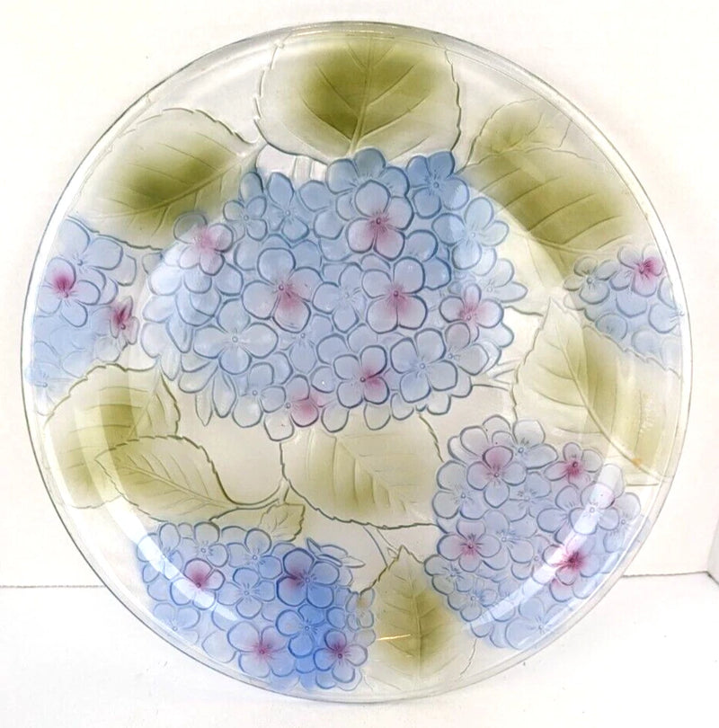 13" Crystal Hydrangea Flowers Round Serving Tray Platter Reverse Painted Flowers Hydrangea