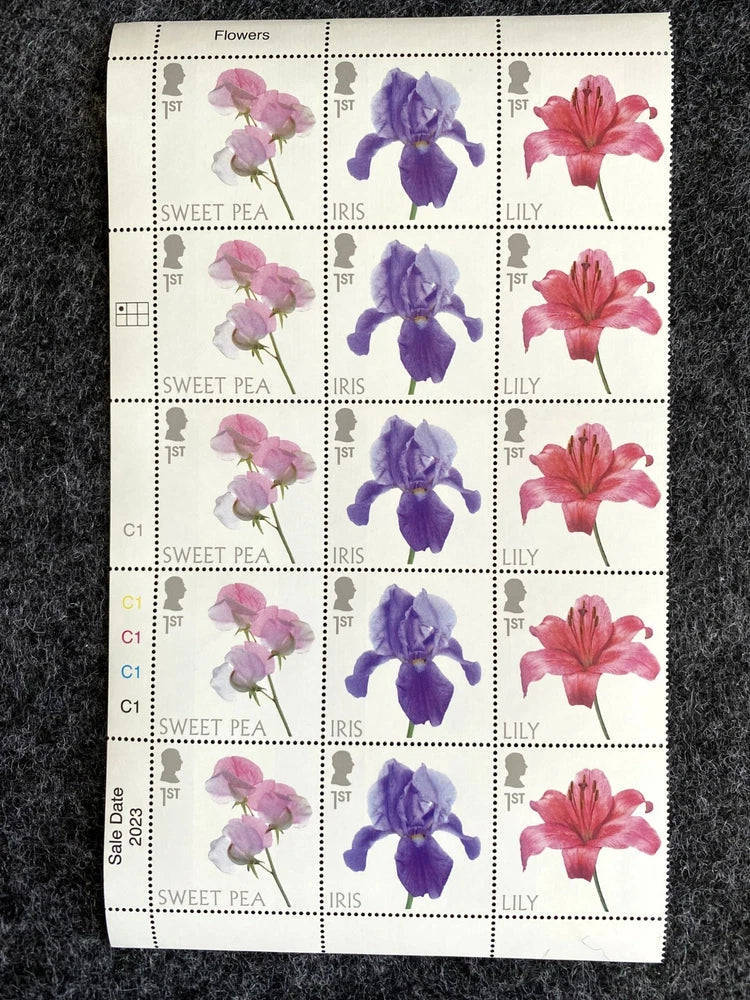 (2023) 1st class UK GB Stamps MNH Block Sheet SWEET PEA IRIS LILY Flowers Lily