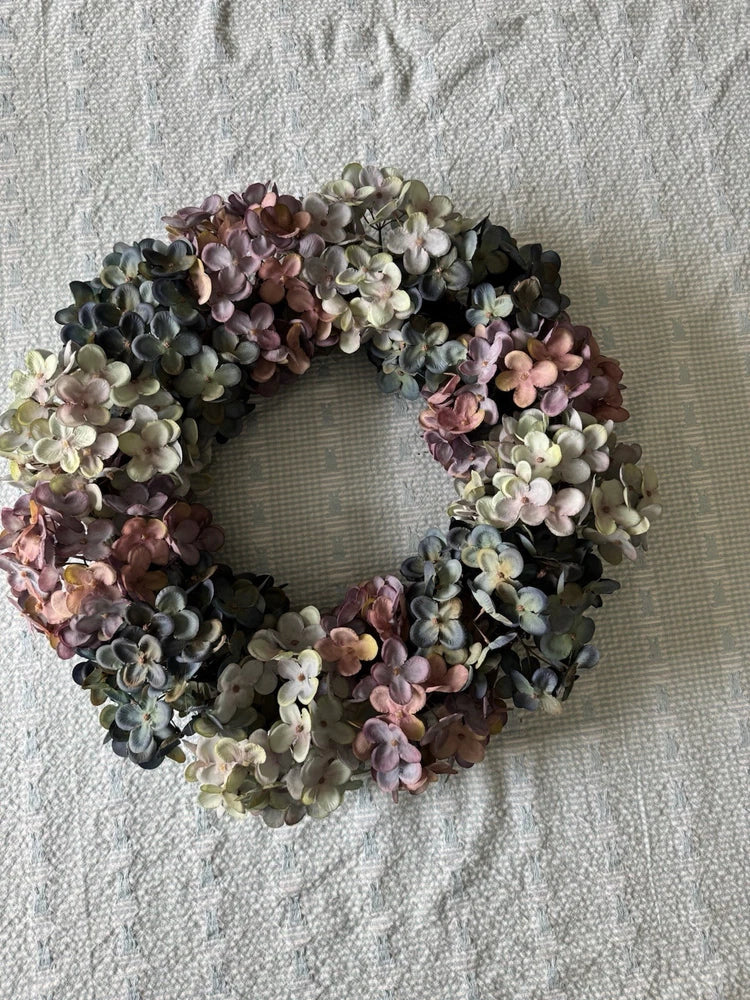 18" Faux Hydrangea Wreath Antique Blue Purple Green Farmhouse Grapevine Base Hydrangea