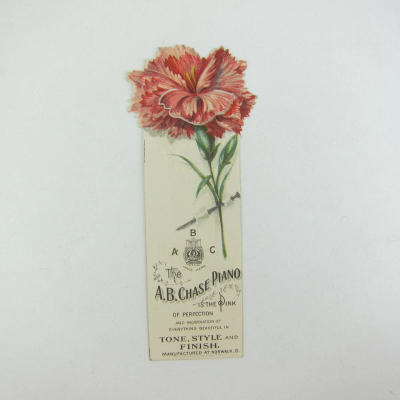 Victorian Trade Card A.B. Chase Piano Die-cut Carnation Flower Bookmark Antique Carnation
