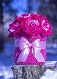 Everlasting Satin Ribbon Rose Bouquet in Handmade Pink Knitted Basket Roses