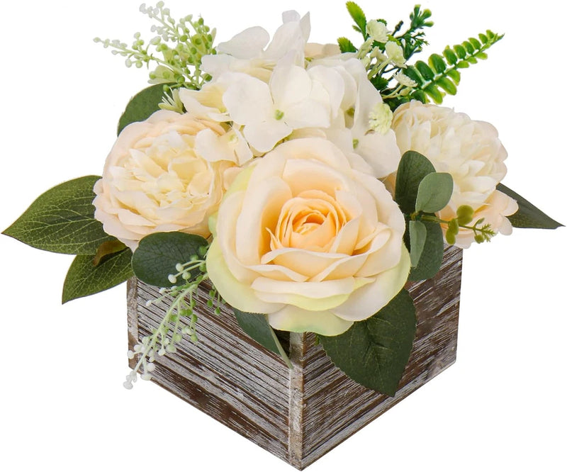 Flower Arrangement with Wooden Vase 8" Artificial Flowers in Pot - Fake Flowers Peony