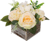 Flower Arrangement with Wooden Vase 8" Artificial Flowers in Pot - Fake Flowers Peony