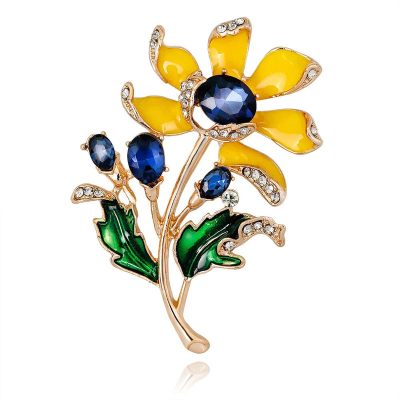 Yellow Green Enamel Crystal Sunflower Flower Pendant Brooch Pin Sunflower