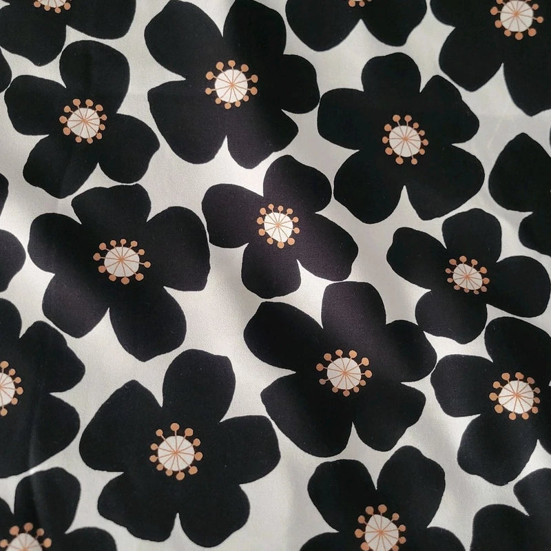 Black Flowers on White w/ Beige Centers Japanese Cotton Shirting Flowering Plants