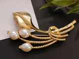 Graceful Gold Plated 2.5" FLOWER (Cala Lily?) Faux Pearl Accents Bouquet Pin! Lily