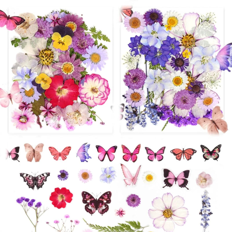 Sticker sheet with pressed dried flowers and butterflies in purple, pink, and yellow