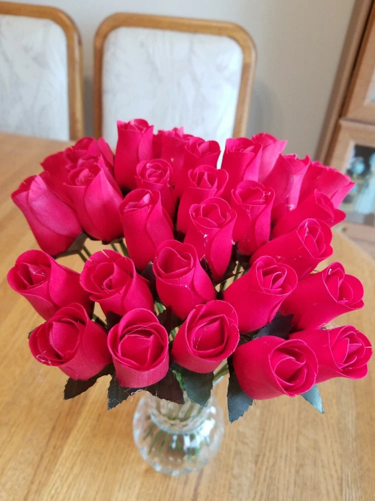 3 DOZEN - RED - WOODEN ROSE BUDS 5 X 8 ARTIFICIAL FLOWERS - FREE SHIPPING Roses