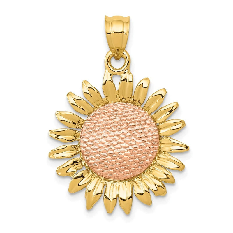 Two-tone 14k gold sunflower pendant with polished petals and pink textured center