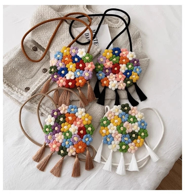 Embroidered knitted tassel hydrangea bag female crossbody small round bag new Hydrangea