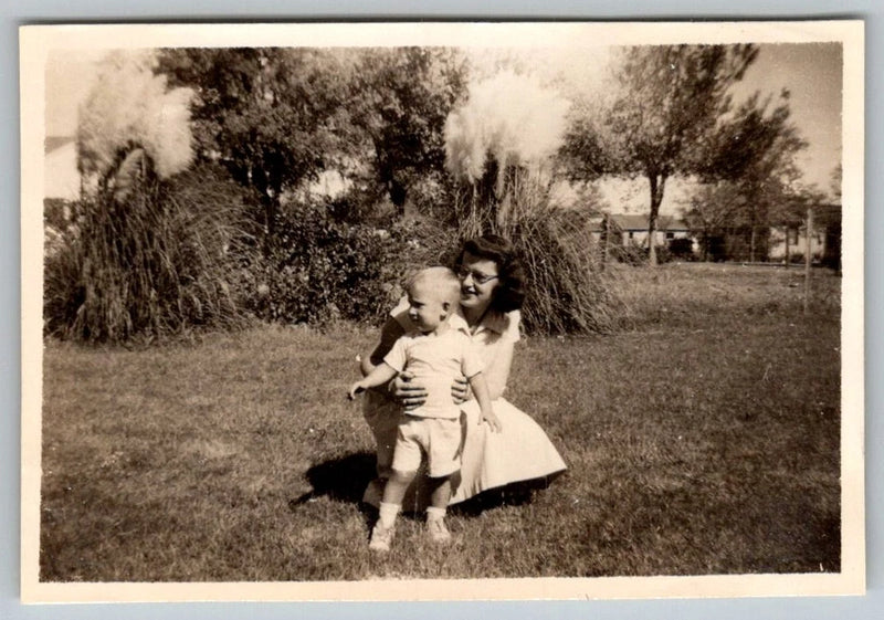 Vtg B&W Snapshot Woman In Glasses & Toddler Boy Outdoors By Tall Pampas Grass Pampas Grass