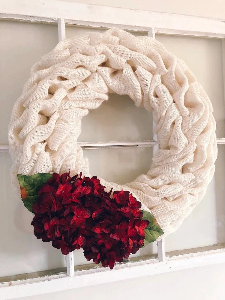 14" Handmade White Burlap Wreath with Red Hydrangea Flowers Hydrangea