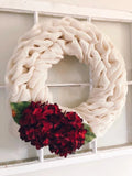 14" Handmade White Burlap Wreath with Red Hydrangea Flowers Hydrangea