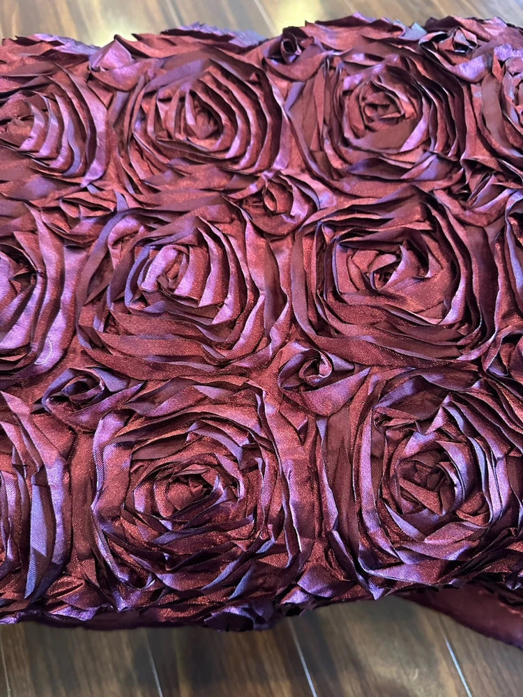 Burgundy satin 3D embroidered peony rosette floral mesh fabric, close-up blooms