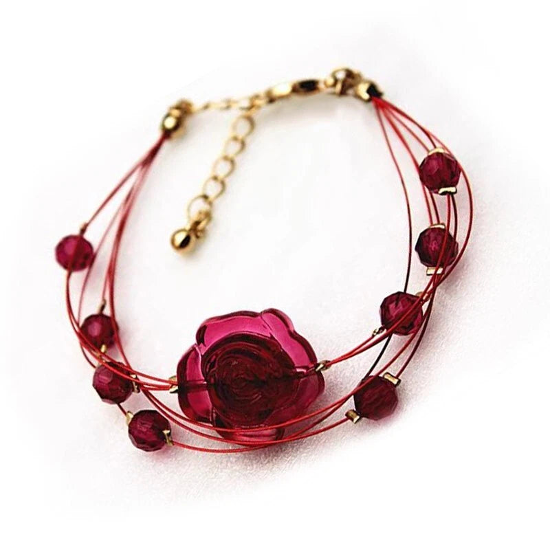 Red rose flower beaded bracelet with gold chain and layered red beads