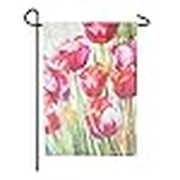 Pink tulip garden flag with green stems and pink blooms