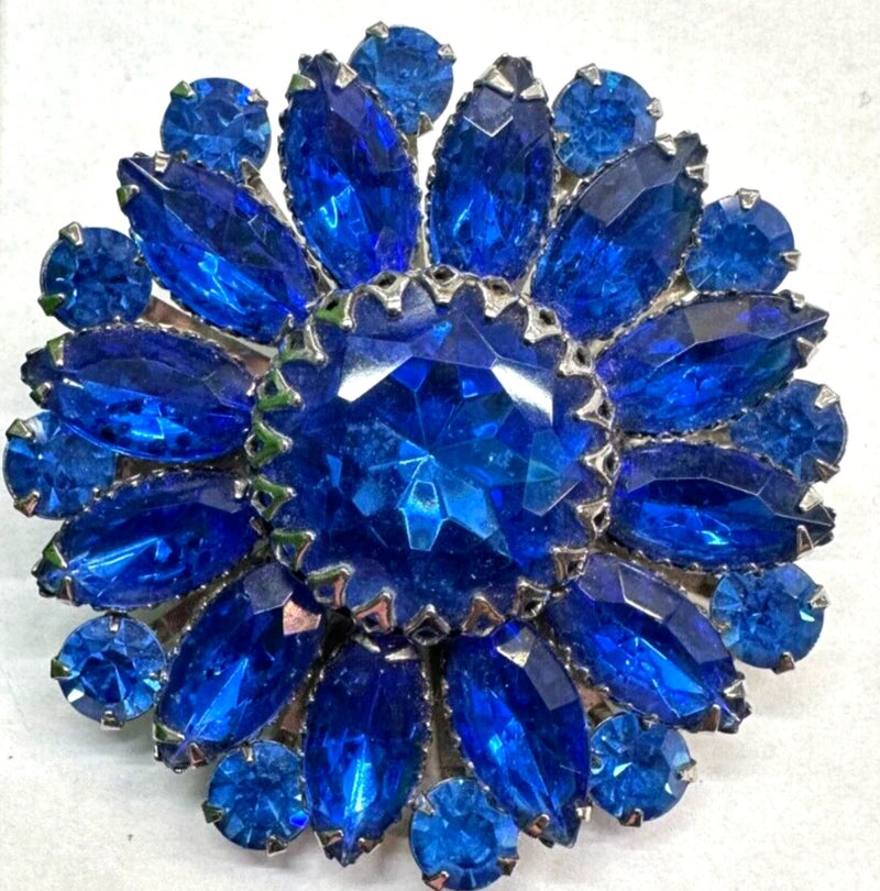Flower Daisy Sunflower Blue Navette Rhinestone Vintage Pin Brooch Silver J-266 Sunflower