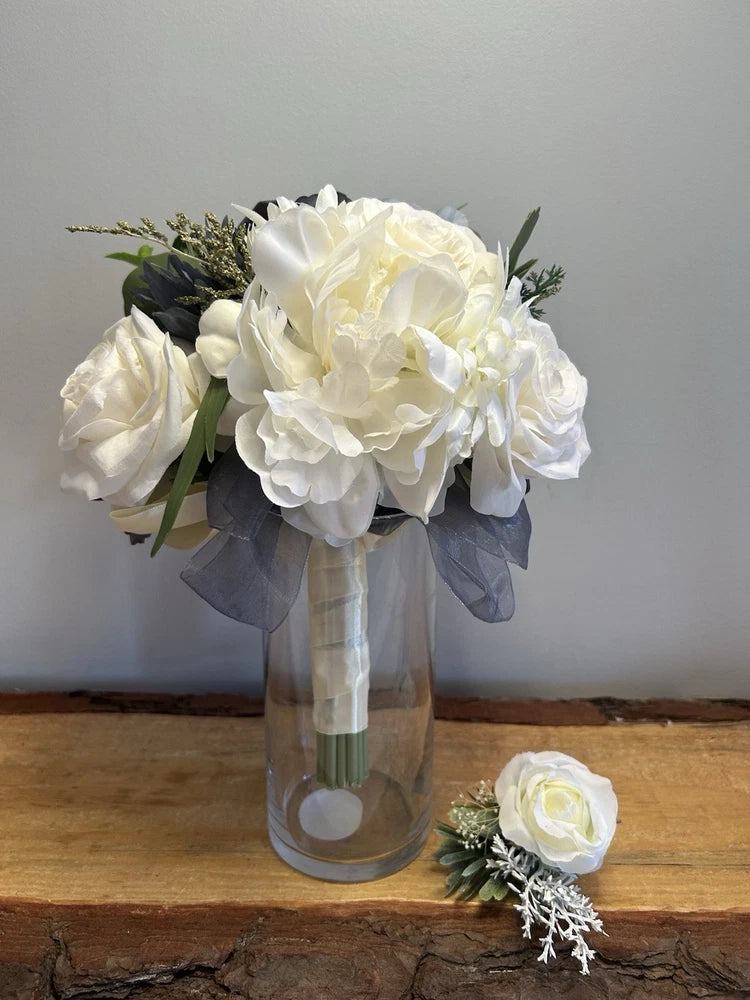 Bridal Bouquet, Faux Flowers w/ Matching Boutinere,White & Blues, Cream Wrap. Bouquet
