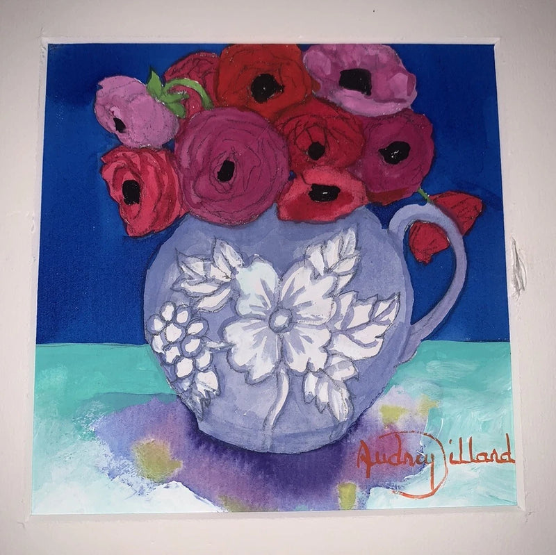 Original Signed Audrey Dillard Ranunculus Flowers Pitcher 4.75ÓSq Ranunculus