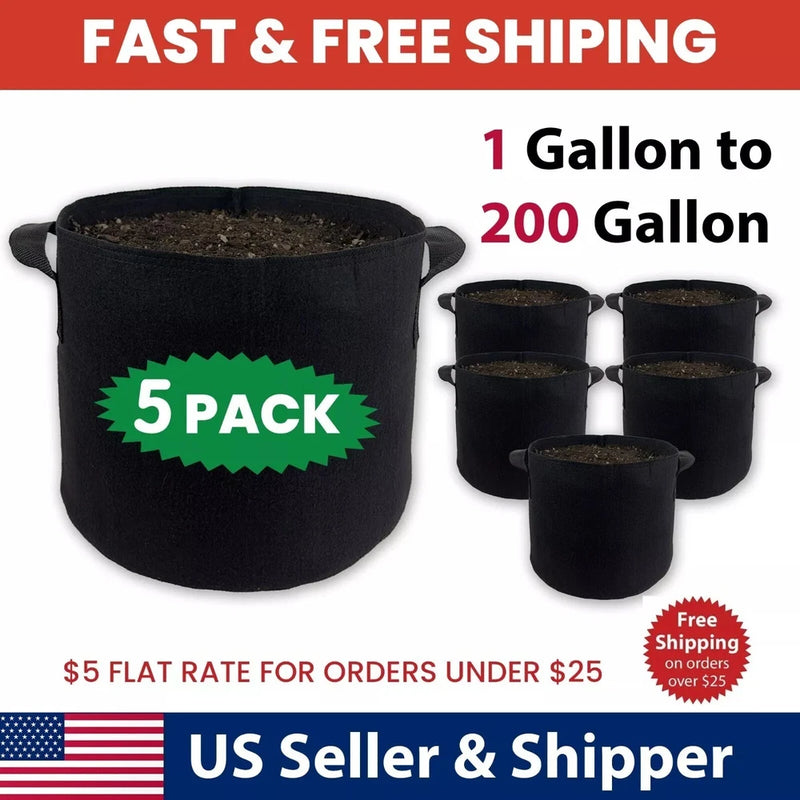 5 Packs Grow Bags Heavy Duty Thickened Nonwoven 5 Gallon to 200 Gallon Garden Plants