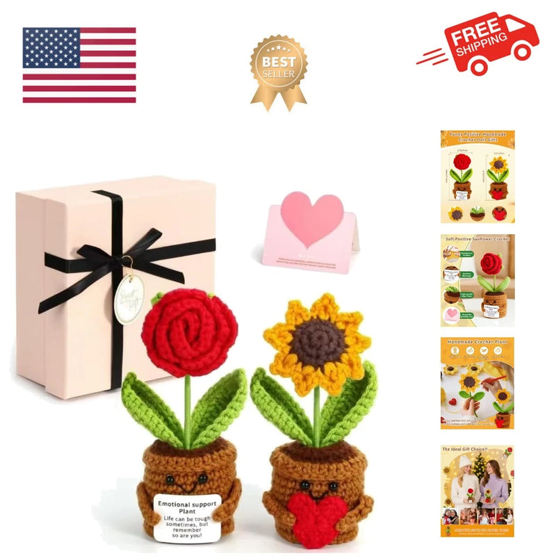 2pcs Knitted Flowers Sunflower Gifts for Women Handmade Knitted Planters with... Sunflower