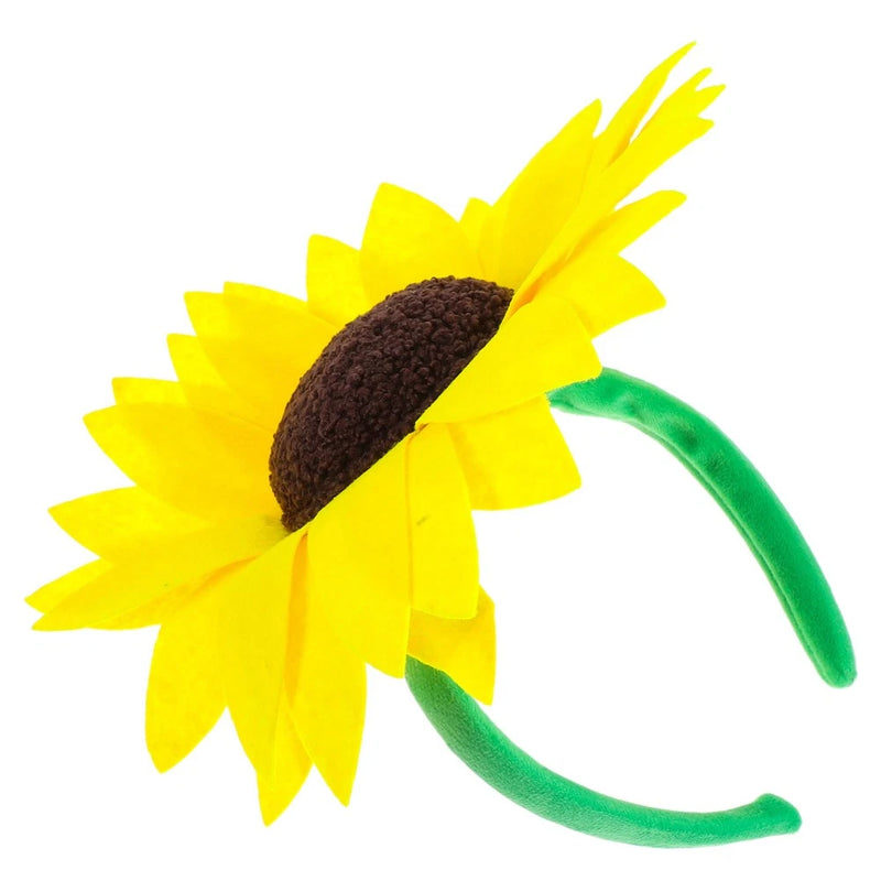 Yellow sunflower hair wreath headband with green curved band and brown center