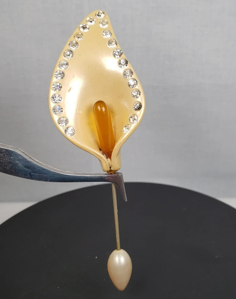 Vintage Calla Lily Stick Pin Brooch Celluloid Cream Clear Rhinestones 4" Lily