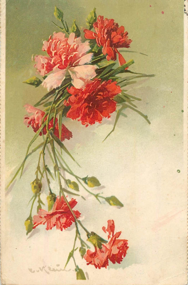 Carnation still-life wall art with red and pink blossoms and green stems, floral painting