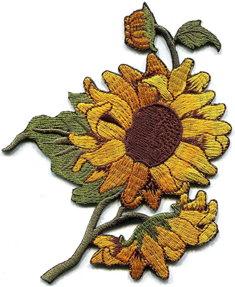Embroidered sunflower patch applique with green leaves and stems, iron-on backing