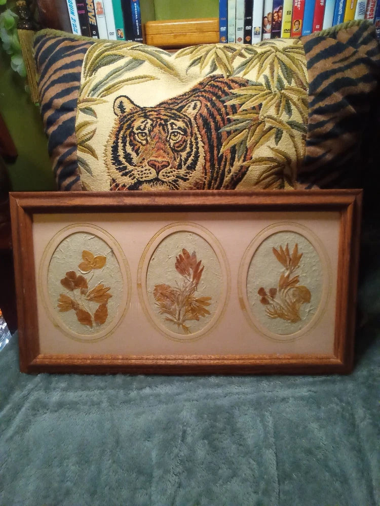 Framed dried pressed flowers with three oval botanicals in a wooden display frame