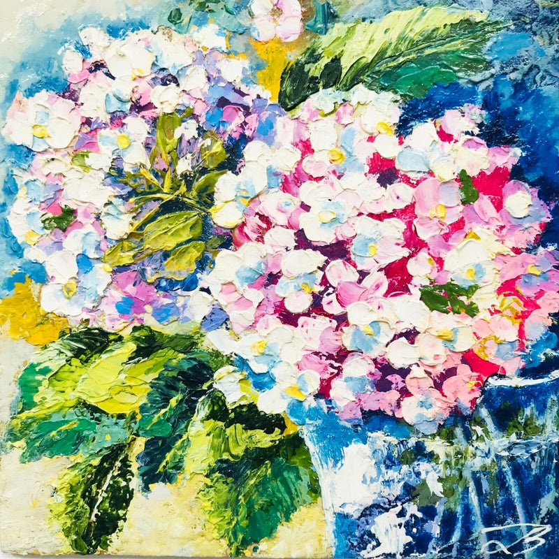 Hydrangea Painting Abstract Flower Bouquet Oil Impasto Painting Original 6 x 6" Hydrangea