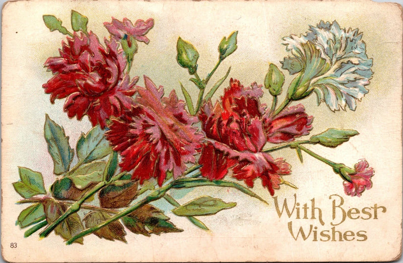 Carnation flower greeting postcard with gilt-embossed "With Best Wishes"