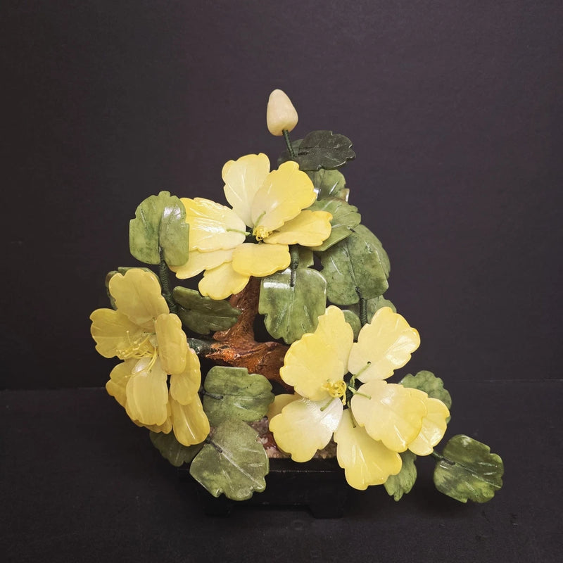 Artificial potted bonsai plant with yellow peony flowers and green leaves