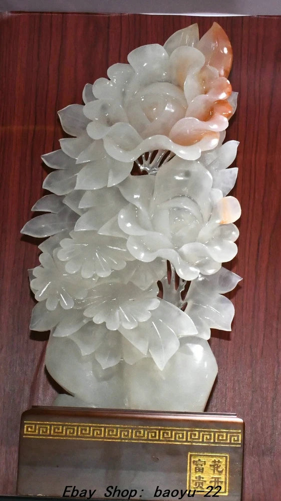 Hollow carved jade peony flower statue, white floral sculpture