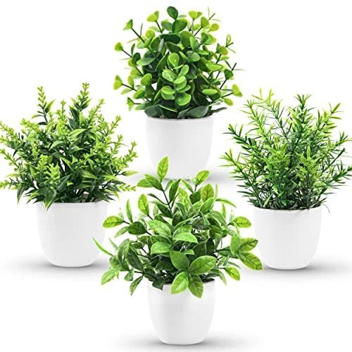 Set of 4 faux mini plants in white pots, bright green leafy foliage
