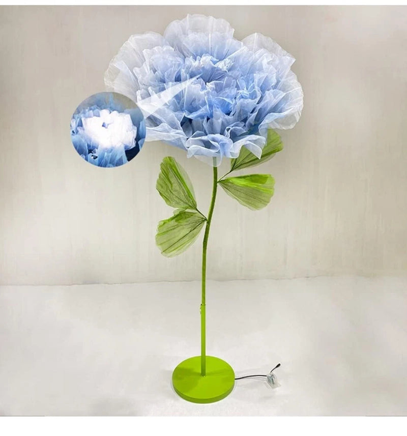 Blue peony flower bouquet with LED, green leaves, and standing light base