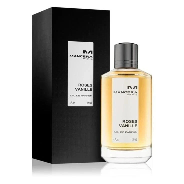 Mancera Roses Vanille eau de parfum bottle with silver cap, 4 fl oz