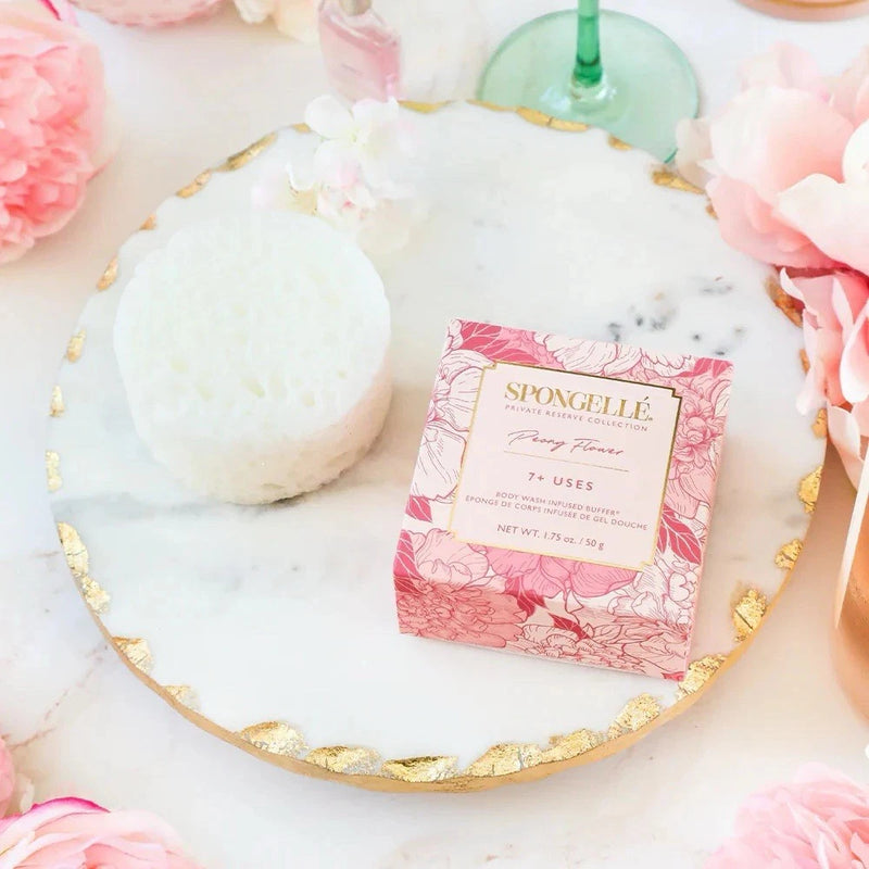 Spongelle peony travel cleansing sponge with floral package, round white sponge pad
