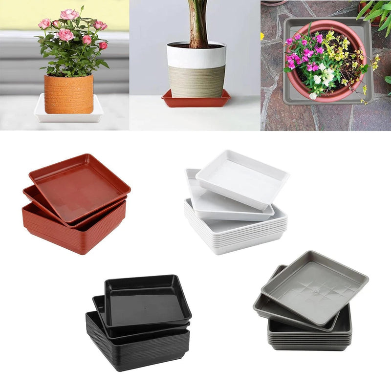 Lightweight plant saucers set of 10, square trays in white, black, gray, and terracotta