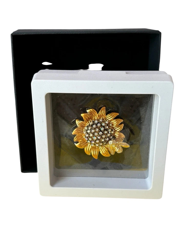 Gold Sunflower & Bee Brooch with Rhinestones Sunflower