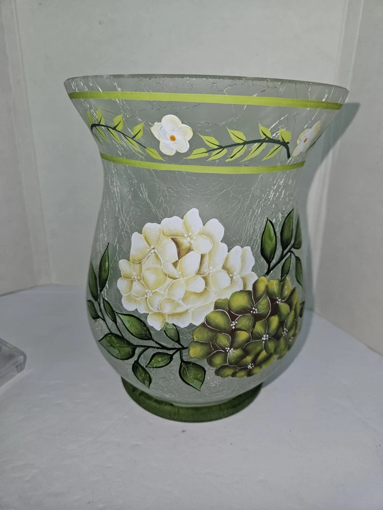 Valeri Parr Hill Lavender Hydrangea Hurricane Crackled Glass Vase  8" Tall Hydrangea