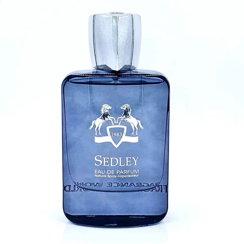 Dark blue glass Eau de Parfum bottle with silver cap and Sedley label, 100 ml.