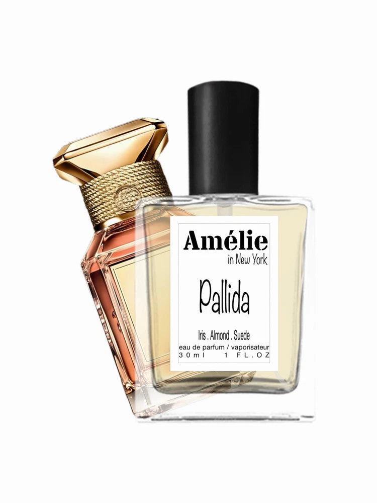 Two perfume bottles, one clear square bottle and one rose-gold faceted bottle