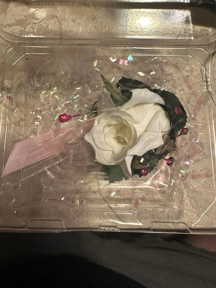 Now & Forever Keepsake Silk White Rose Corsage Boutonniere With Pink Ribbon Bouquet