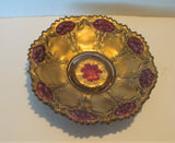 Antique Goofus Glass Bowl, Gold with Red Carnations, Scalloped Sawtooth Edges Carnation