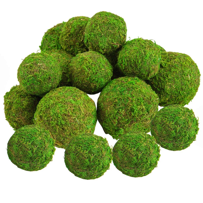 Set of green faux moss ball spheres, bundled decorative plant ornaments
