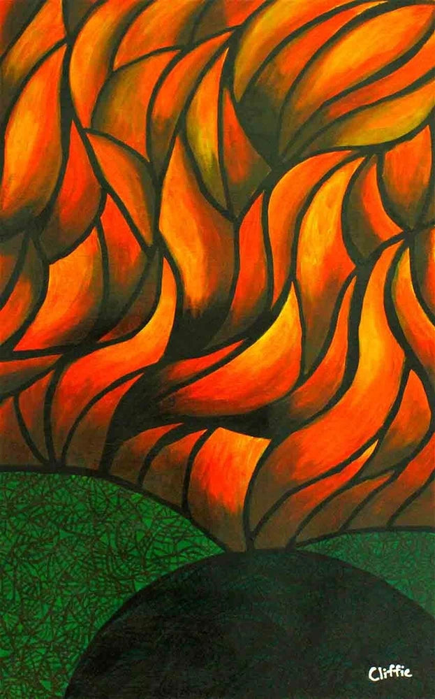 Handmade acrylic canvas sunflower painting with orange petals, yellow highlights, green leaves, signed