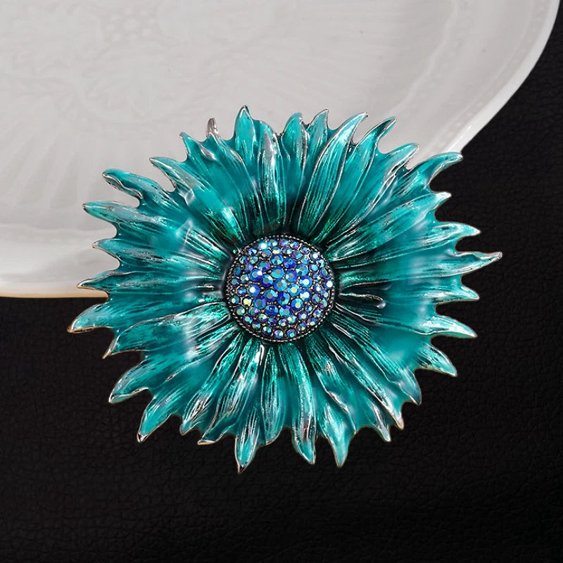 Women's Blue Enamel Crystal Rhinestone Huge Sunflower Brooch Pin Sunflower